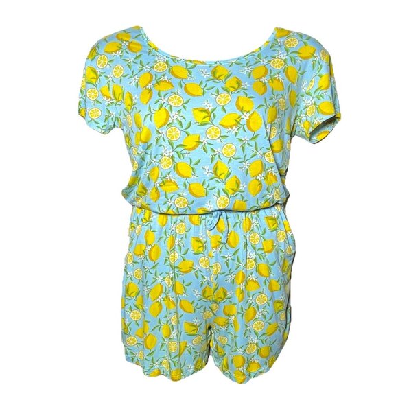 Alex’s Lemonade Blue Sz Medium Rayon Romper Pockets Beach Holiday Lounge Citrus - Picture 3 of 10
